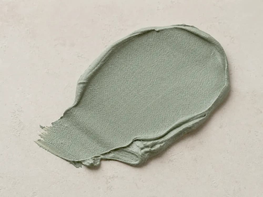 Sage green matte paint sample on a neutral mineral surface