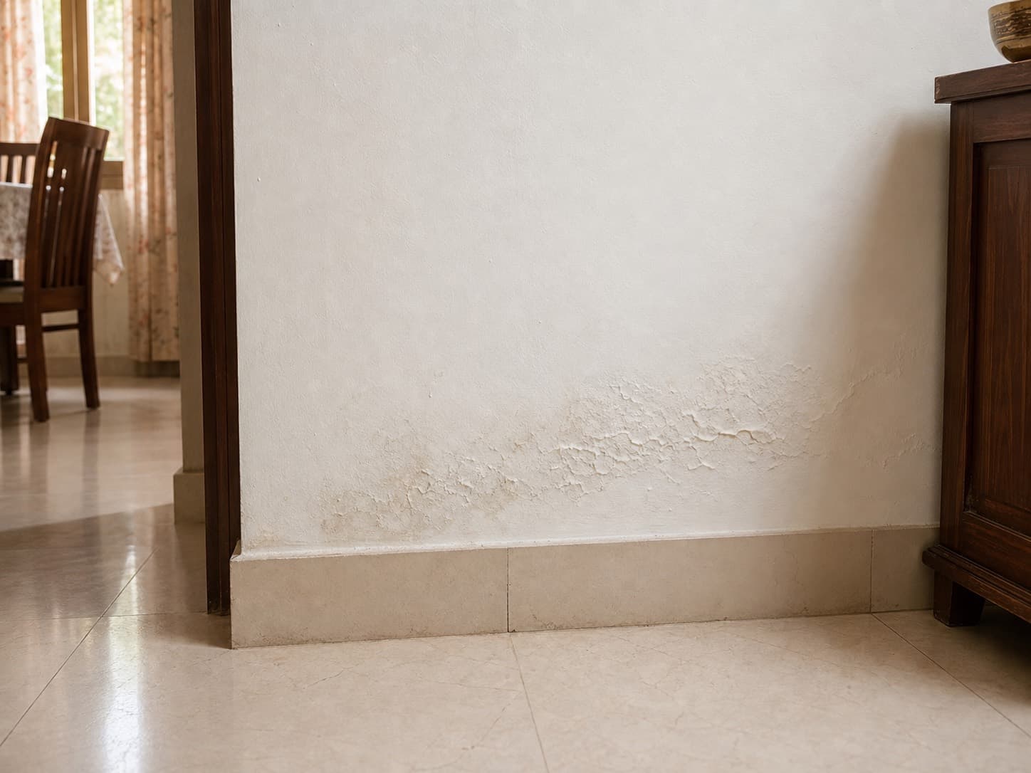 Moisture staining and bubbling paint near the base of an interior wall