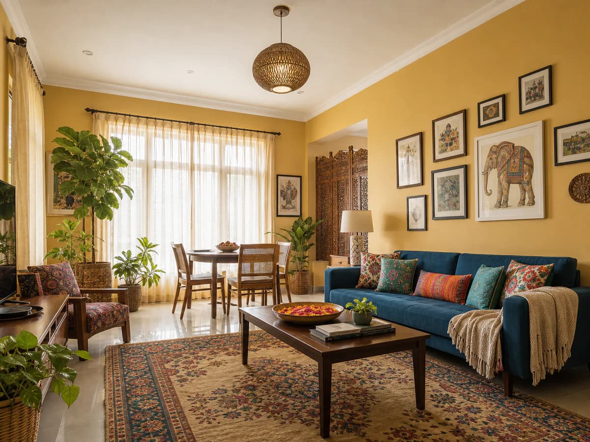 Living room with freshly painted warm yellow walls and a blue sofa